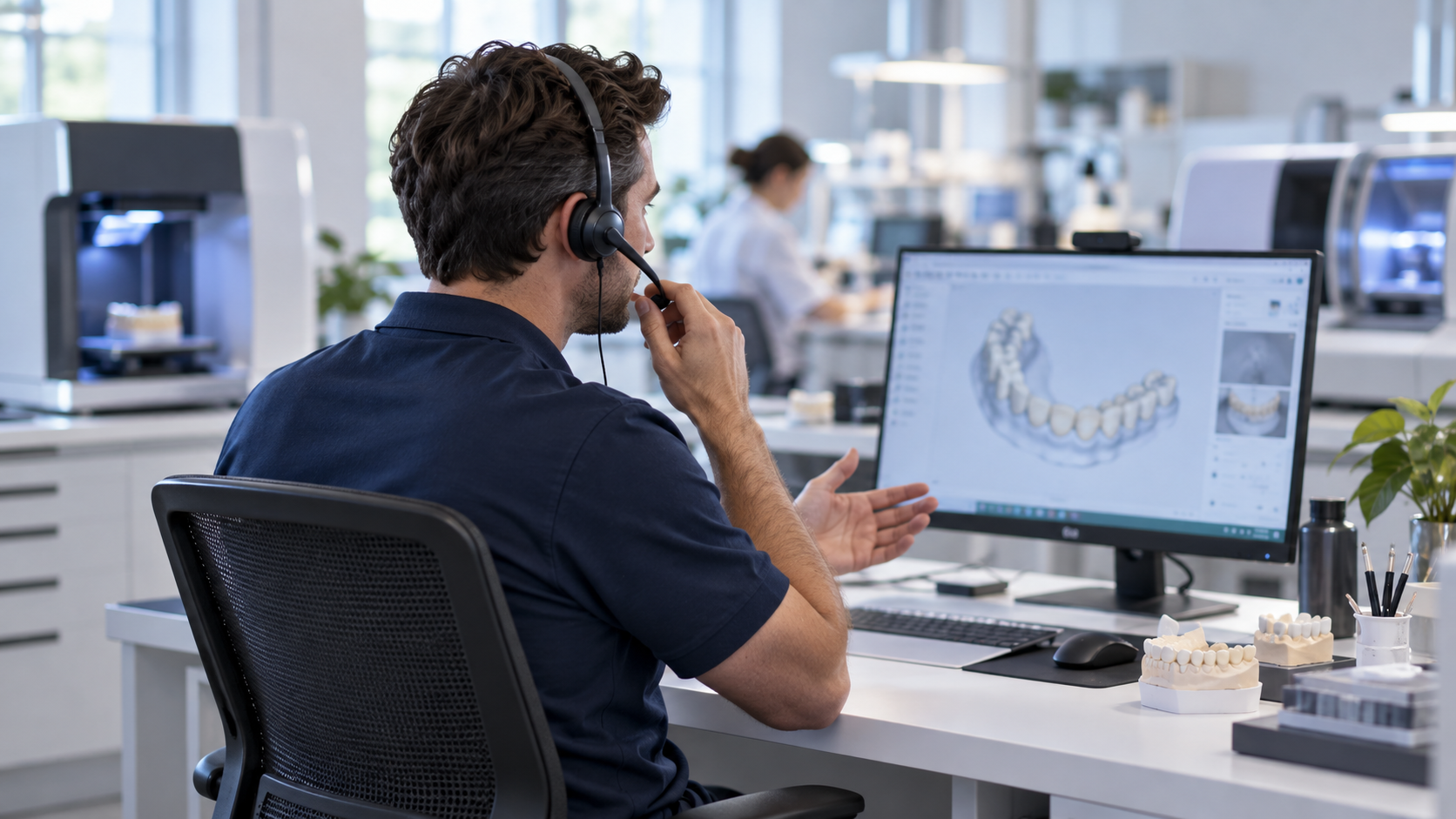 Dental equipment support specialist speaking with a customer