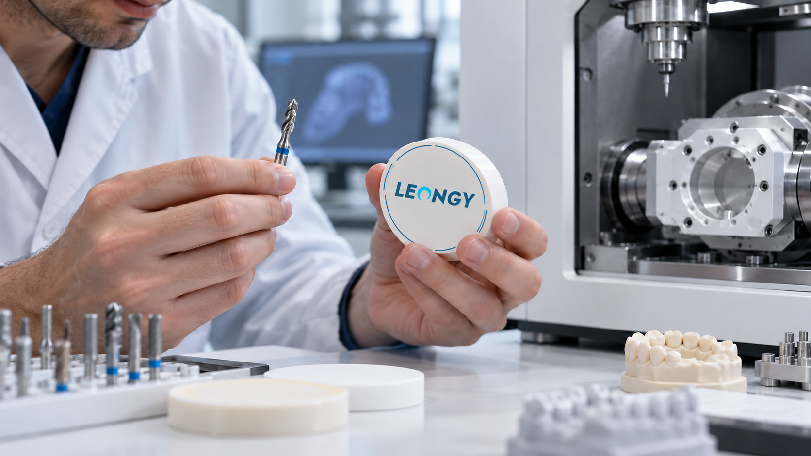 Specialist comparing dental milling bur with a Leongy-branded zirconia disc