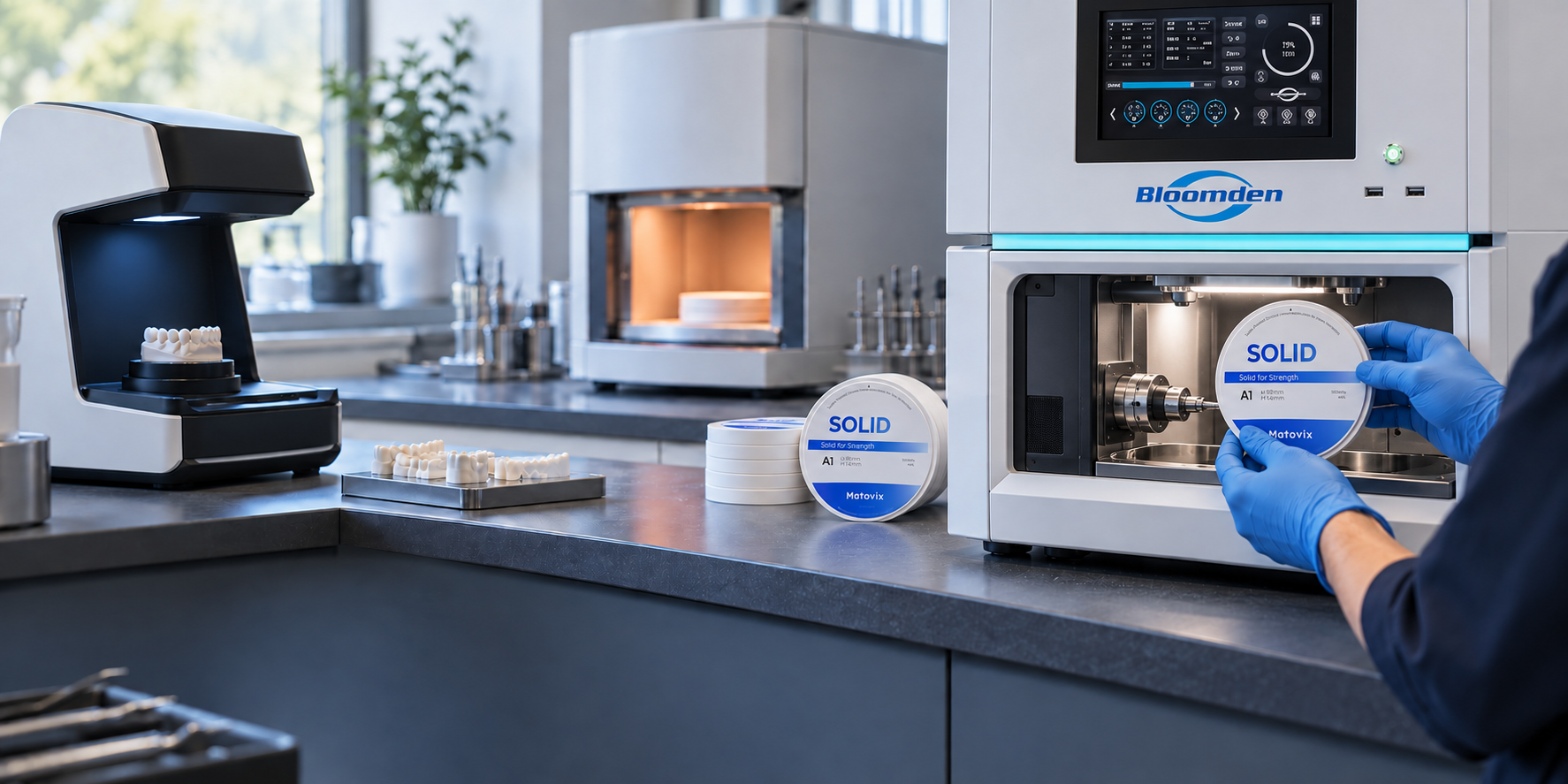 Bloomden X7D milling machine with Matovix SOLID zirconia discs